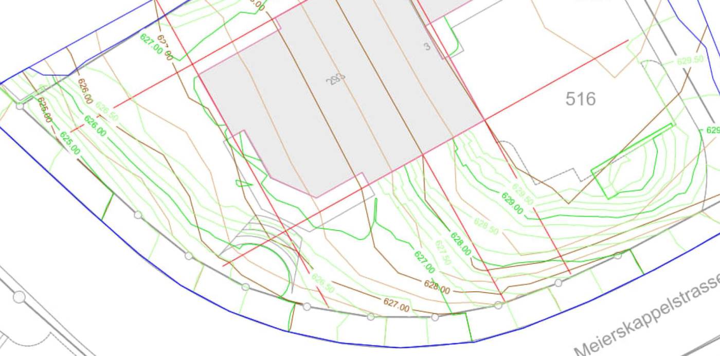 DGM & massgebendes Terrain, Meierskappelstrasse 3, 6044 Udligenswil, Geländeaufnahmen vor Ort, Erstellung DGM des aktuellen Geländes, Beschaffung und Beurteilung alter Bauakten und weiteren Grundlagen, Ermittlung und Modellierung des massgebenden Terrains, Erstellung eines Gutachtens zuhanden des Bauherrs